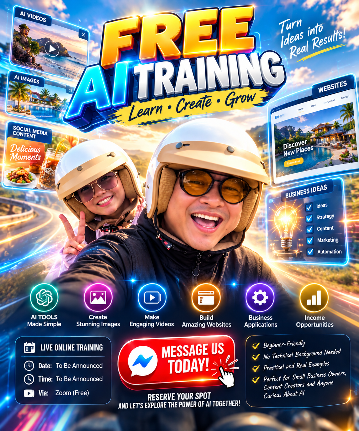 FREE AI Training — Learn, Create, Grow. Live online training; date and time to be announced.